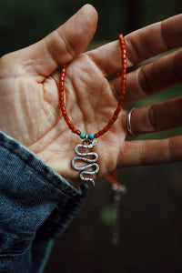 Red Coral Beaded Necklace with Charm