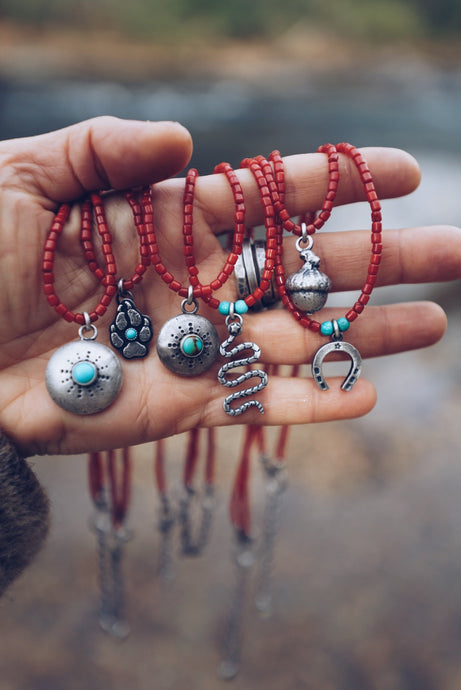 Red Coral Beaded Necklace with Charm